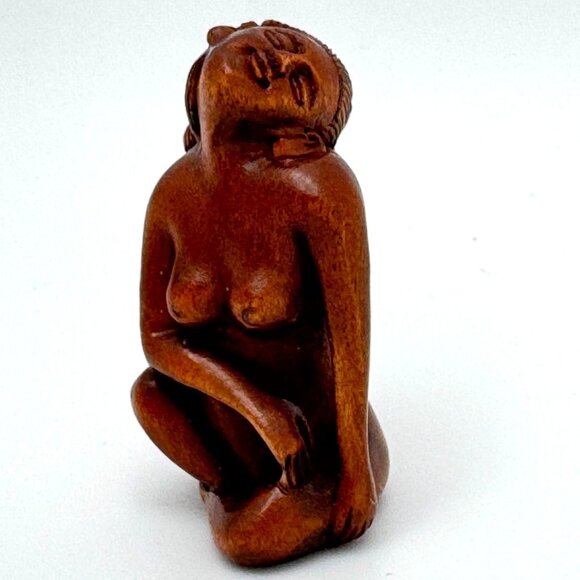 Ojime Bead Netsuke Woman Lady Geisha Hand-Carved Boxwood Signed Figurine 1.25" - Picture 1 of 8
